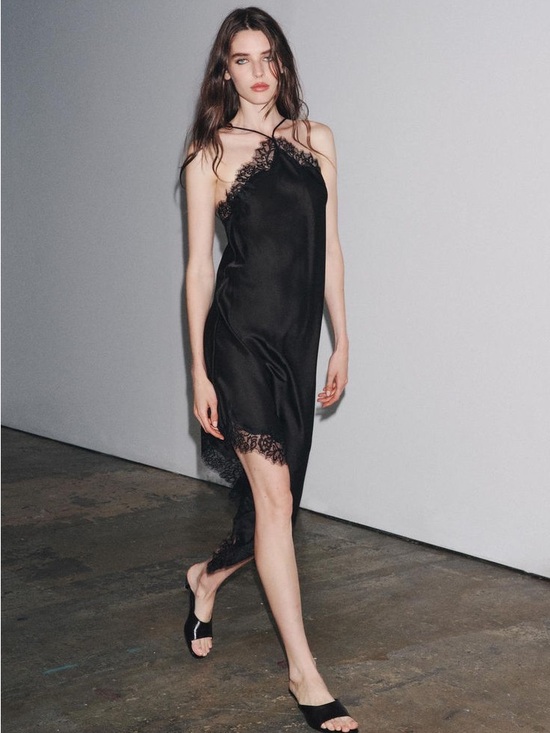 Zara Dresses & Skirts - Zara ZW COLLECTION Black ASYMMETRIC LACE SATIN DRESS Size L